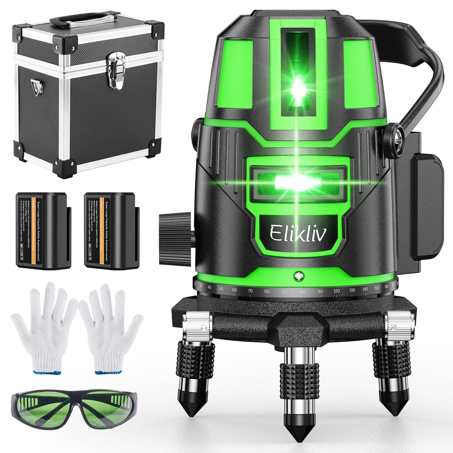 【2025年新登場】レーザー墨出し器 Elikliv グリーン レーザー 水平器 レーザーレベル 5ライン 回転レーザー線 4方向大矩照射 墨出しレーザー DIY 自動補正 高輝度 照射 地墨ポイント 屋内 屋外 受光器対応 大容量2個バッテリー付き