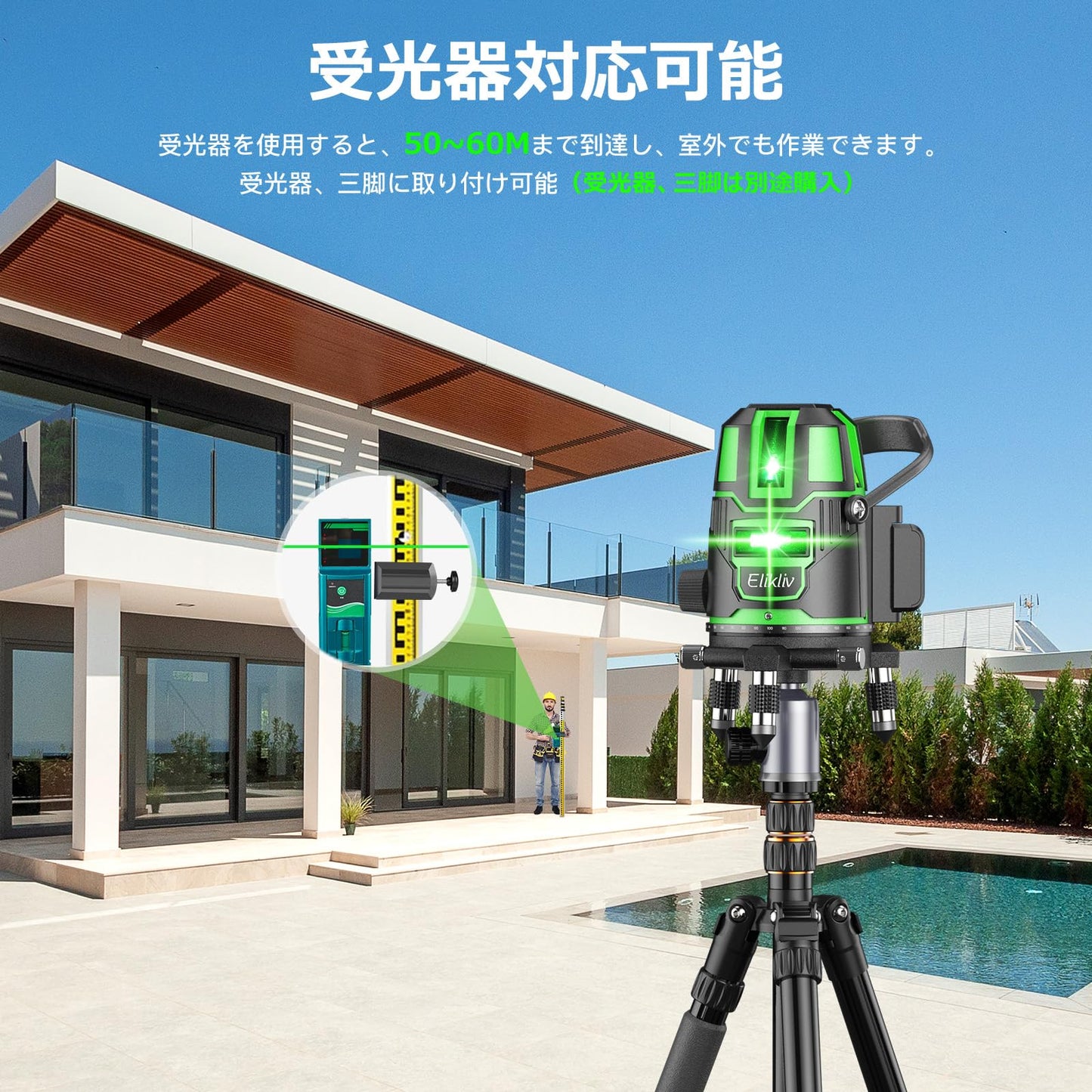 【2025年新登場】レーザー墨出し器 Elikliv グリーン レーザー 水平器 レーザーレベル 5ライン 回転レーザー線 4方向大矩照射 墨出しレーザー DIY 自動補正 高輝度 照射 地墨ポイント 屋内 屋外 受光器対応 大容量2個バッテリー付き