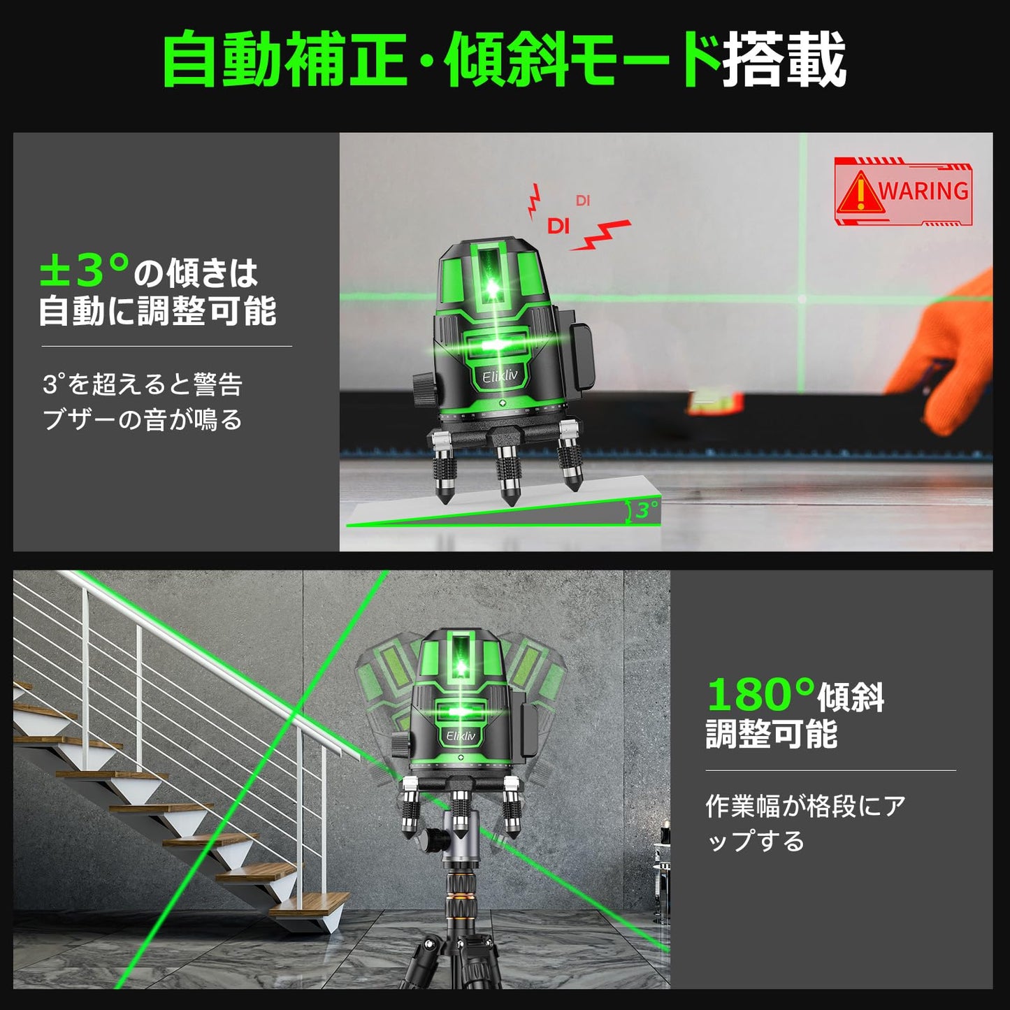 【2025年新登場】レーザー墨出し器 Elikliv グリーン レーザー 水平器 レーザーレベル 5ライン 回転レーザー線 4方向大矩照射 墨出しレーザー DIY 自動補正 高輝度 照射 地墨ポイント 屋内 屋外 受光器対応 大容量2個バッテリー付き