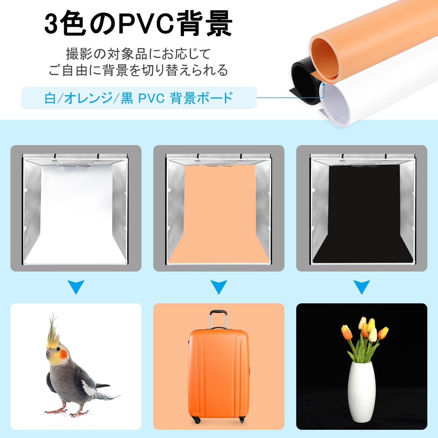 【40cm】【60cm】【80cm】PULUZ 撮影ボックス 40*40*40cm撮影キット 調光可能 簡易スタジオ 背景6枚 2400LM 64PCS 5500K超高輝度LEDライト2本付き ディフューザー1枚 物撮り用ボックス 撮影ブース40cm 簡易撮影スタジオ 組立簡単 俯瞰撮影 ポータブル折り畳み式照明ボックス (撮影ボックス40cm)