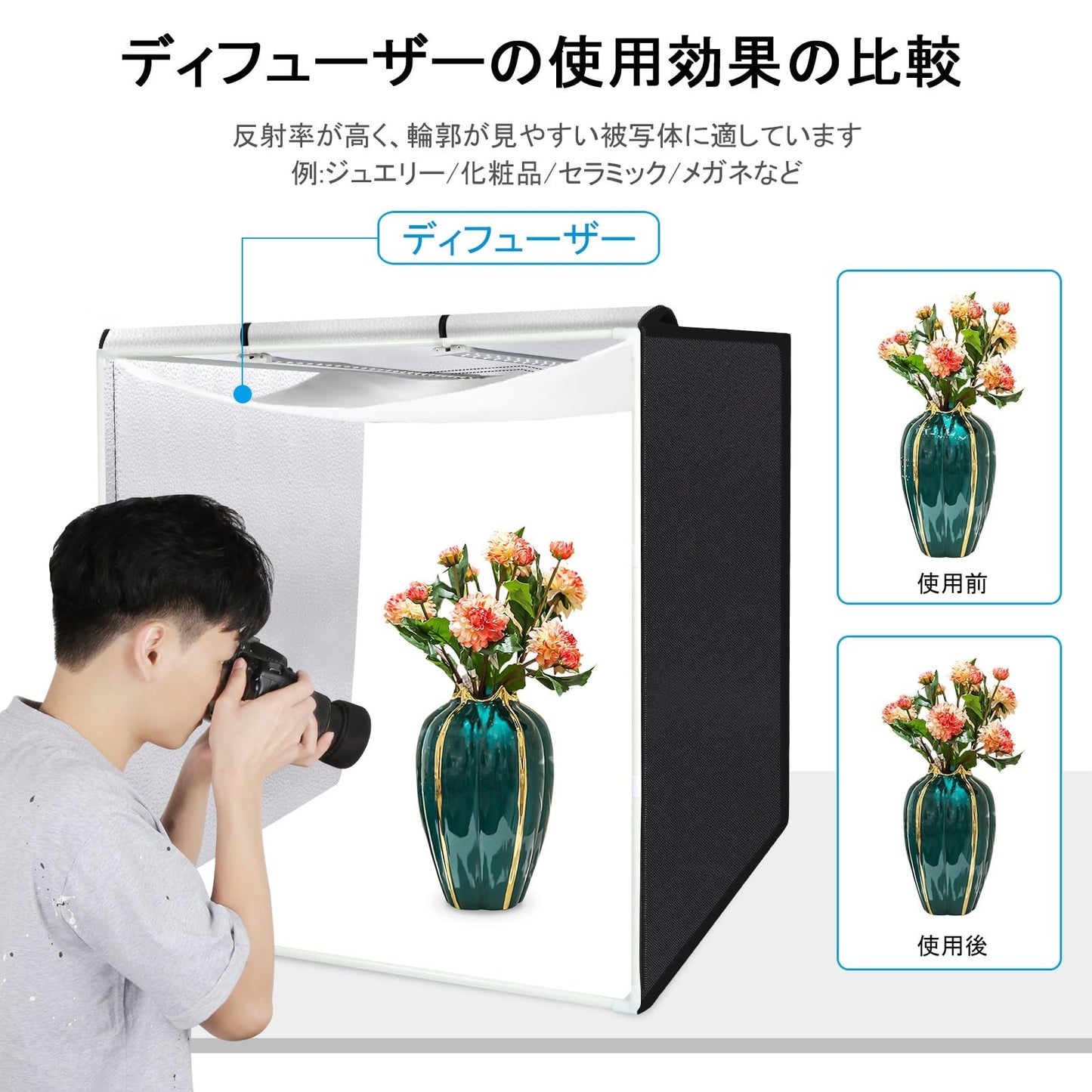 【40cm】【60cm】【80cm】PULUZ 撮影ボックス 40*40*40cm撮影キット 調光可能 簡易スタジオ 背景6枚 2400LM 64PCS 5500K超高輝度LEDライト2本付き ディフューザー1枚 物撮り用ボックス 撮影ブース40cm 簡易撮影スタジオ 組立簡単 俯瞰撮影 ポータブル折り畳み式照明ボックス (撮影ボックス40cm)