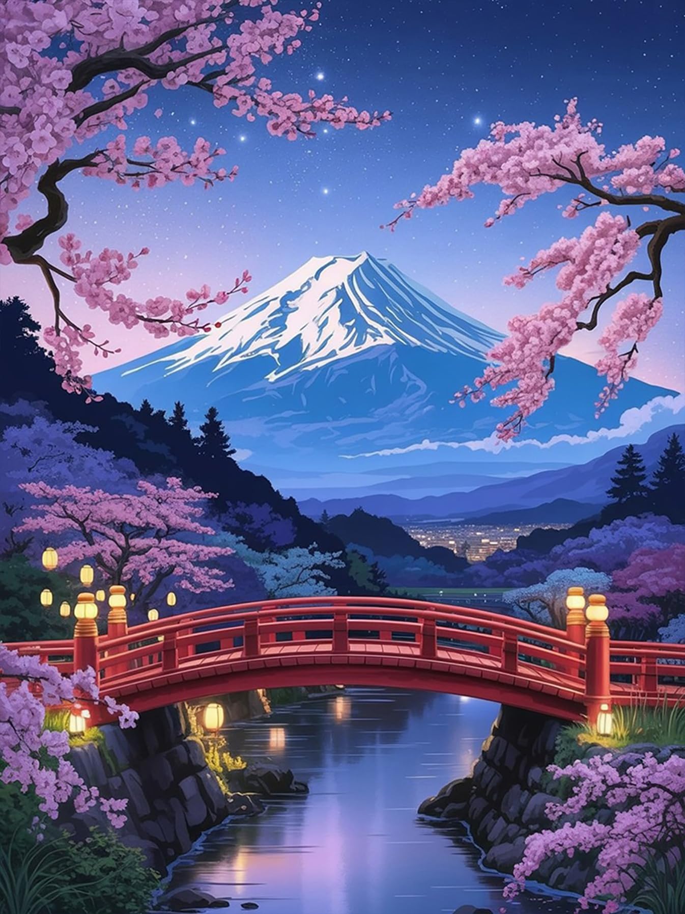 ダイヤモンドアート キット大人用, 富士山を背景にした日本の夜の風景 ダイヤモンドアート, 桜の花のランタンと星空 ラウンドフルドリルクリスタルラインストーンクラフトホームウォール装飾のための宝石芸術 30x40 cm