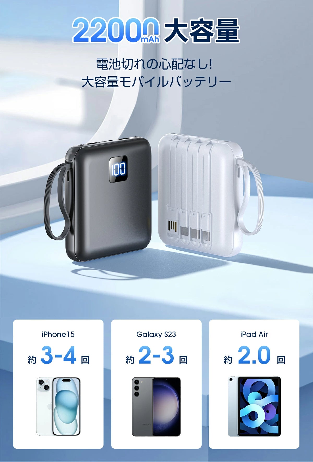 【4本ケーブル内蔵&持ち運び便利】モバイルバッテリー 軽量 小型 5台同時充電 モバイルバッテリー 大容量 モバイルバッテリー iphone Android対応 スマホ充電器 LCD残量表示 防災ライト 地震/停電/旅行/災害/防災グッズ