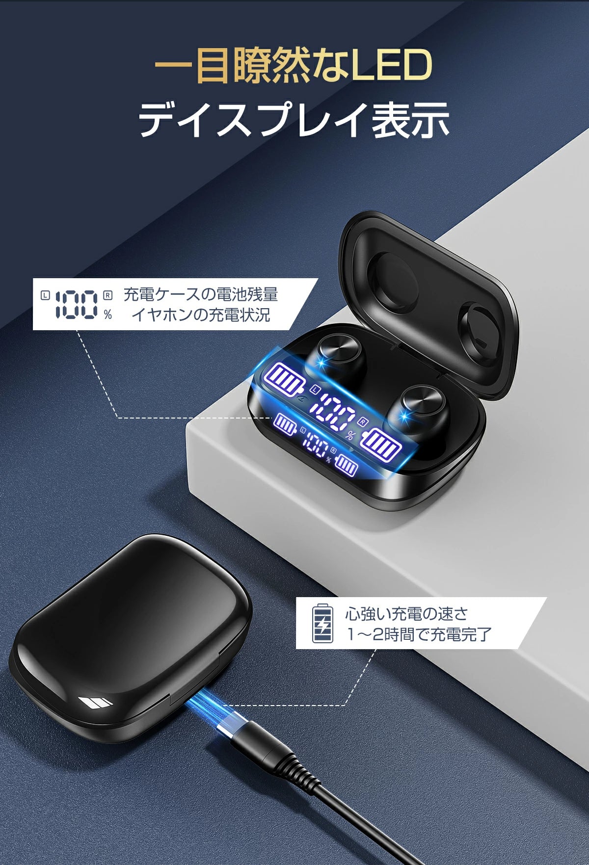 KYH ワイヤレスイヤホン【2025革新設計】 bluetooth イヤホン 48時間連続再生 ブルートゥース イヤホン Hi-Fi高音質 小型軽量 IPX7防水 Bluetooth5.4 LEDディスプレイ AAC/SBC片耳/両耳イヤホン bluetooth ENCノイズキャンセリング