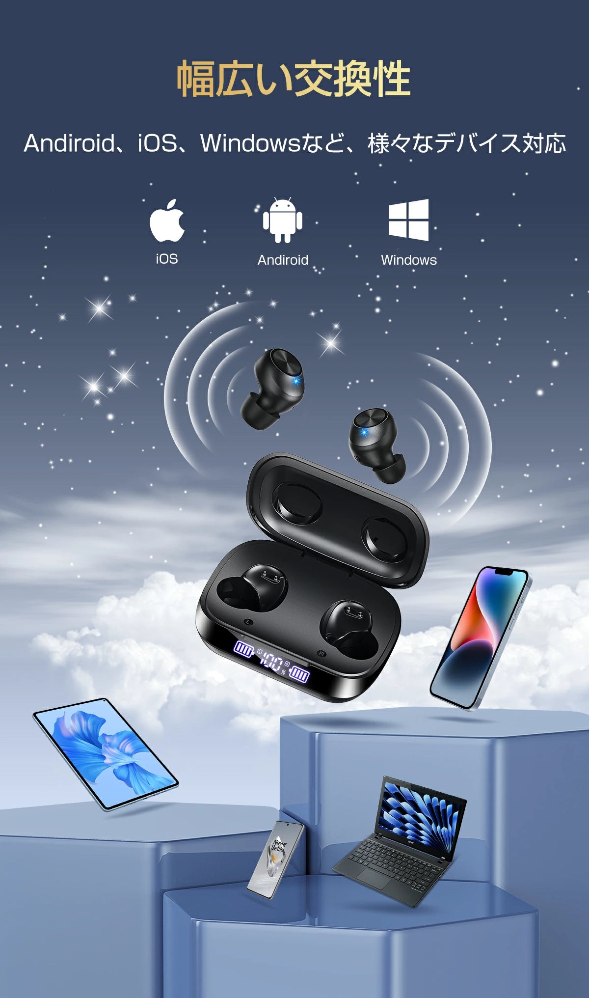 KYH ワイヤレスイヤホン【2025革新設計】 bluetooth イヤホン 48時間連続再生 ブルートゥース イヤホン Hi-Fi高音質 小型軽量 IPX7防水 Bluetooth5.4 LEDディスプレイ AAC/SBC片耳/両耳イヤホン bluetooth ENCノイズキャンセリング