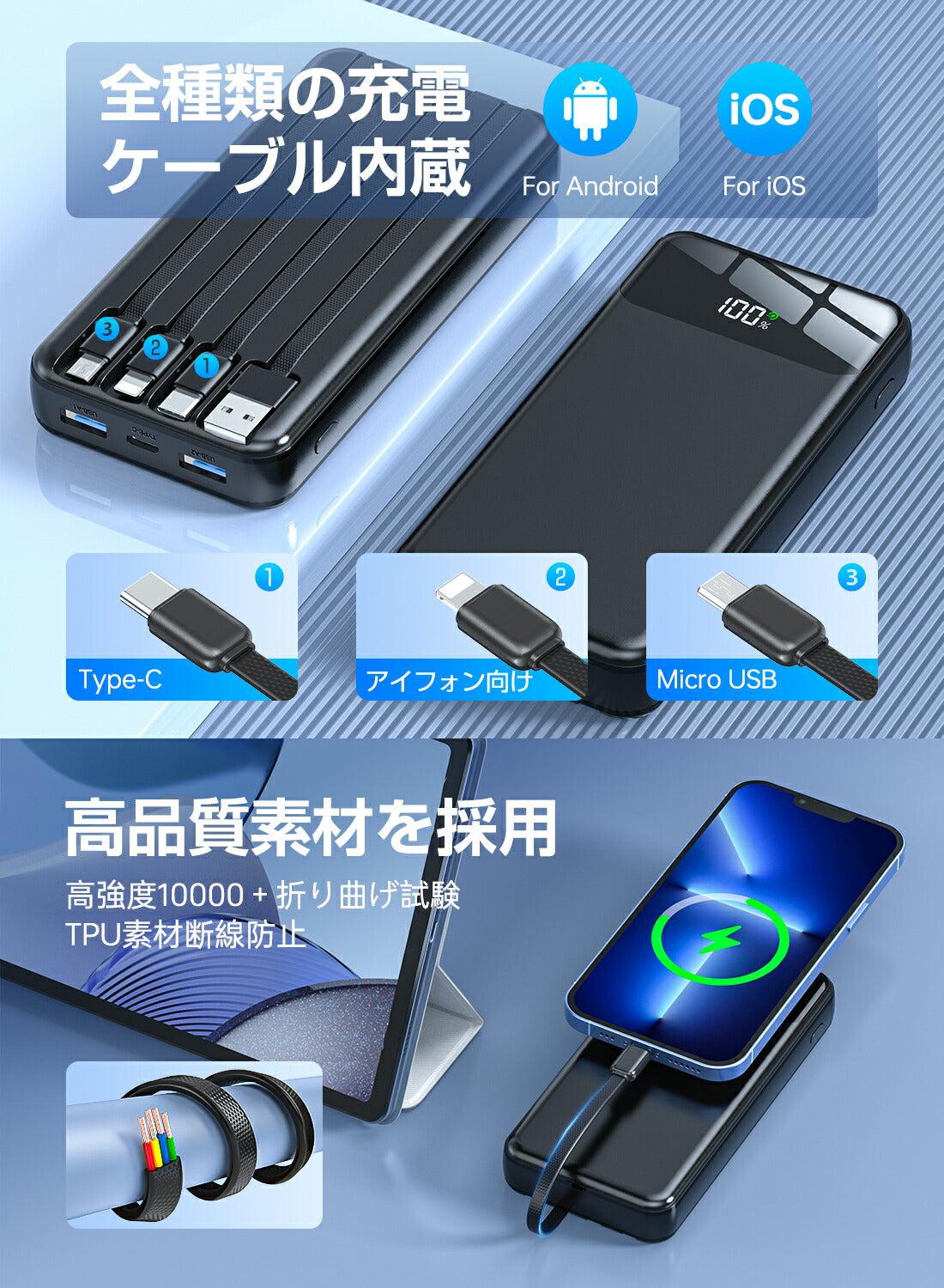 KYH 累計販売台数"300,000"台突破した【56800mAh 大容量ケーブル内蔵型モバイルバッテリー】災害時にも役立つ！モバイルバッテリー大容量 急速充電 軽量 持ち運び便利 安全設計 PSE認証済【56800mAh大容量&4本ケーブル内蔵】モバイルバッテリー 大容量 5台同時充電 LCD残量表示 最大2.4A出力 急速充電 モバイルバッテリー iPhone Android/iPad全機種対応 携帯充電器 スマホ充電器 マルチ保護 旅行/出張/停電対策/防災