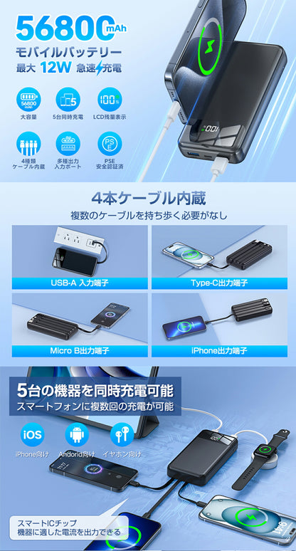 KYH 累計販売台数"300,000"台突破した【56800mAh 大容量ケーブル内蔵型モバイルバッテリー】災害時にも役立つ！モバイルバッテリー大容量 急速充電 軽量 持ち運び便利 安全設計 PSE認証済【56800mAh大容量&4本ケーブル内蔵】モバイルバッテリー 大容量 5台同時充電 LCD残量表示 最大2.4A出力 急速充電 モバイルバッテリー iPhone Android/iPad全機種対応 携帯充電器 スマホ充電器 マルチ保護 旅行/出張/停電対策/防災