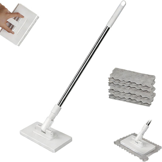 自動で雑巾を挟むモップ 手洗い不要【2025年最新】乾湿両用 拭き掃除モップ 1秒着脱 フローリングワイパー 自動布替えモップ 360度回転 延長ポール設計 再利用可能なヘッド付き 家中の床/壁/窓清掃に適用 フロア用掃除道具 in1水切りワイパー