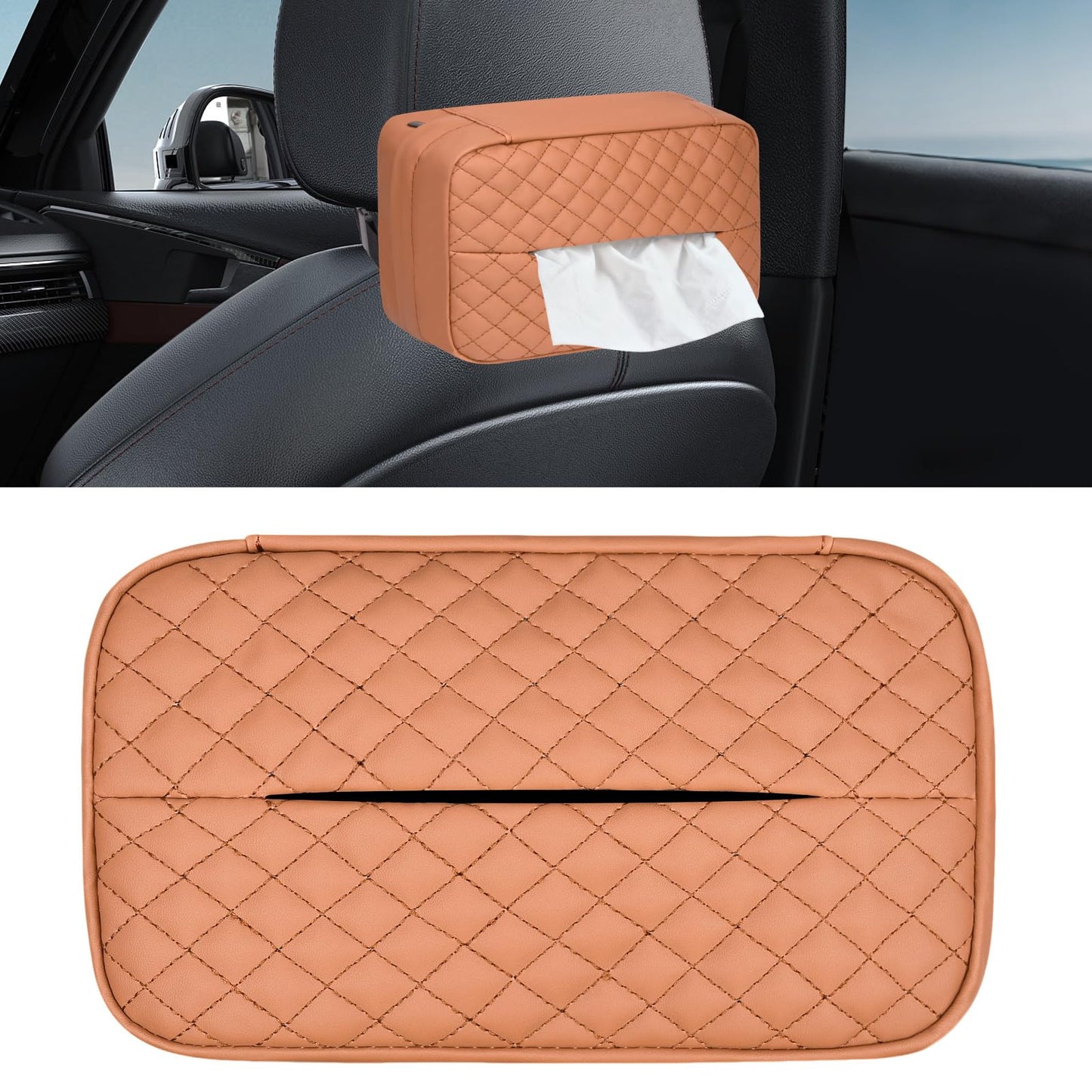 車用ティッシュケース PUレザー素材 22.54 x 12.07 x 8.81 cm以内対応 ヘッドレスト・扶手・ダッシュボード・サンバイザー取付 車内を清潔に保つ おしゃれ ティッシュホルダー（黒）