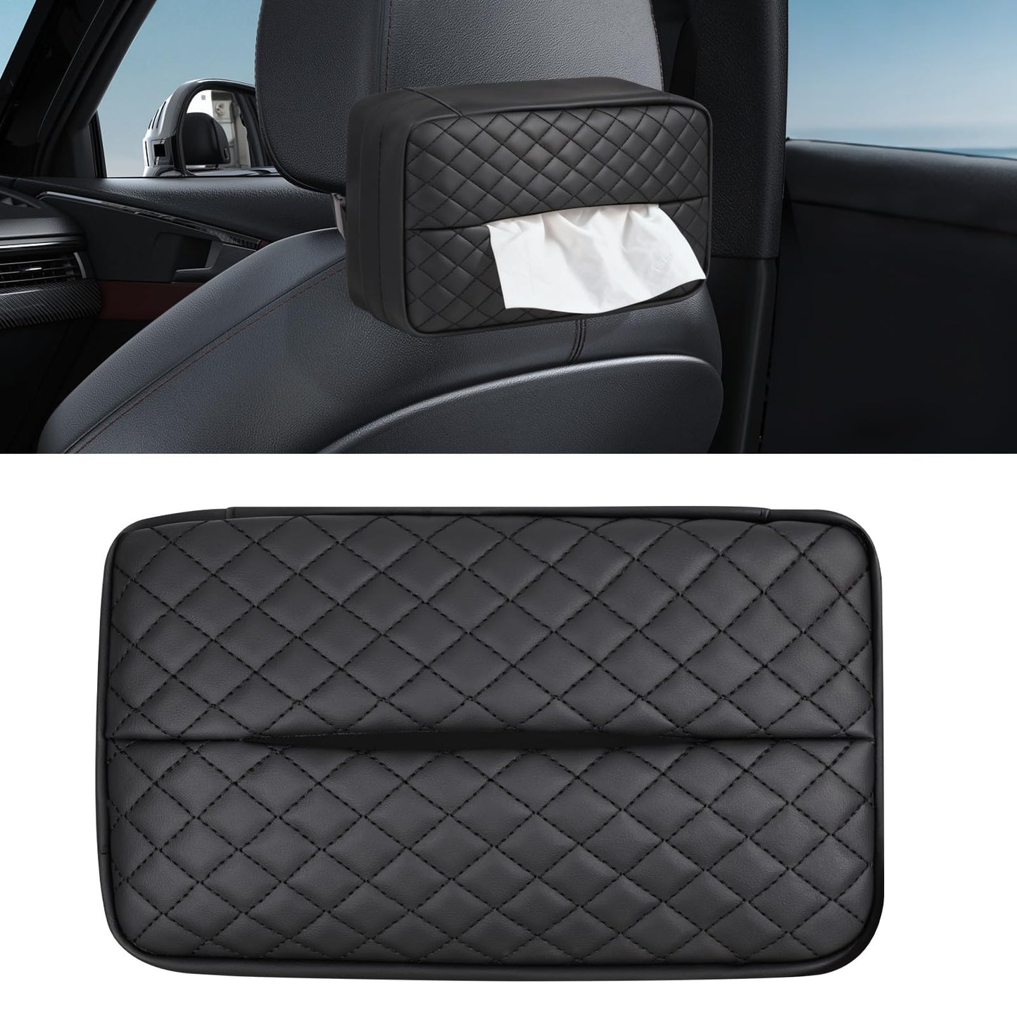 車用ティッシュケース PUレザー素材 22.54 x 12.07 x 8.81 cm以内対応 ヘッドレスト・扶手・ダッシュボード・サンバイザー取付 車内を清潔に保つ おしゃれ ティッシュホルダー（黒）