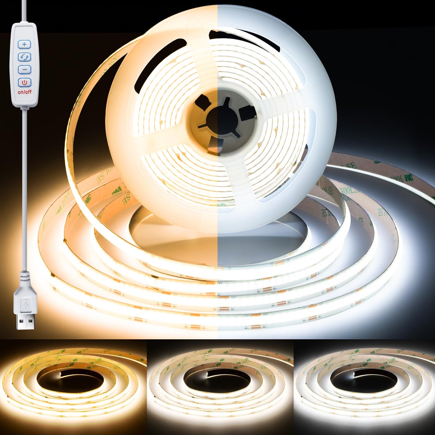 ledテープライト COB 高密度 高輝度 320LEDs/m アダプター・調光器付き 24V 10M カット可能 両面テープ設置 テープライト cob 昼光色