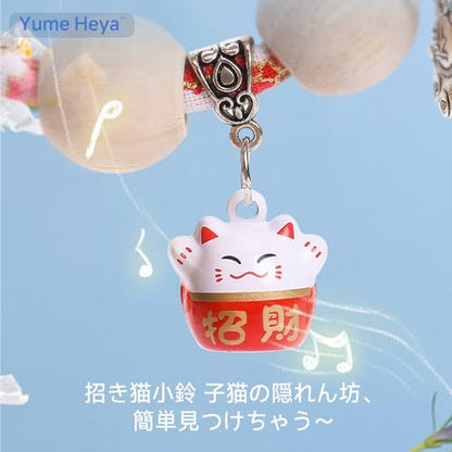 和風猫首輪 防虫クスの木 × 手作り木綿布 招き猫ベル & 職人刺繍 中小型共⽤