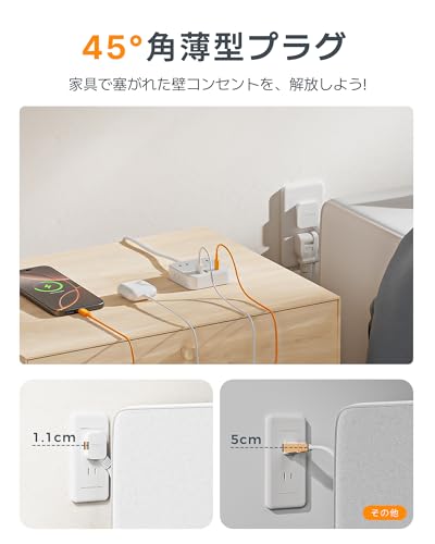 延長コード 2m 超薄型 (8-in-1, 20W PD) usb コンセントタップ usb付き AC差込口 4個口 Type-C 2ポート USB-A 2ポート
