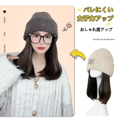 帽子付きウィッグ ウェーブ ニット帽子ウィッグ レディース 髪付き帽子 襟足 カツラ 自然 保温 ロング カール ウィッグ