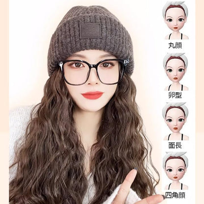 帽子付きウィッグ ウェーブ ニット帽子ウィッグ レディース 髪付き帽子 襟足 カツラ 自然 保温 ロング カール ウィッグ