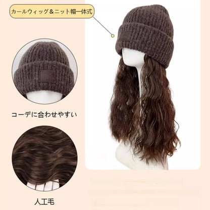 帽子付きウィッグ ウェーブ ニット帽子ウィッグ レディース 髪付き帽子 襟足 カツラ 自然 保温 ロング カール ウィッグ