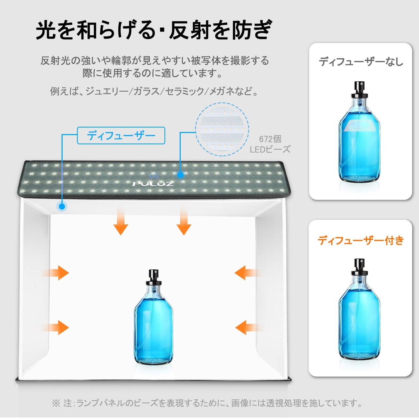 【2024新登場】PULUZ 撮影ボックス 60×50×40cm 撮影ブース 折り畳み 物撮りセット 672個LEDビーズ／超高輝度／3色温度／無段階調光／4色PVC背景／ディフューザー付き 卓上写真撮影キット 物撮り用ボックス プラモデル 撮影ブース 携帯便利&組立簡単&収納便利 自宅撮影台 撮影用アイテム (60×50×40cm)