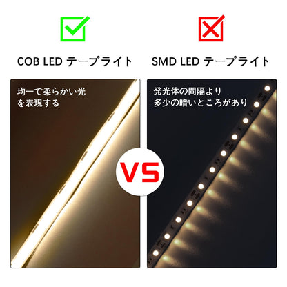 ledテープライト COB 高密度 usb給電 2m 3000K CRI>93 テープ照明 10段階調光 320LEDs/m カット可能 両面テープ設置 高輝度 テープライト