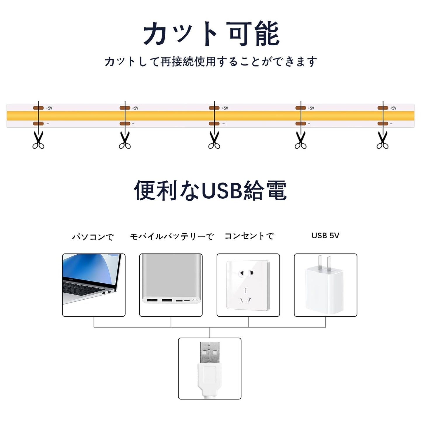 ledテープライト COB 高密度 usb給電 2m 3000K CRI>93 テープ照明 10段階調光 320LEDs/m カット可能 両面テープ設置 高輝度 テープライト
