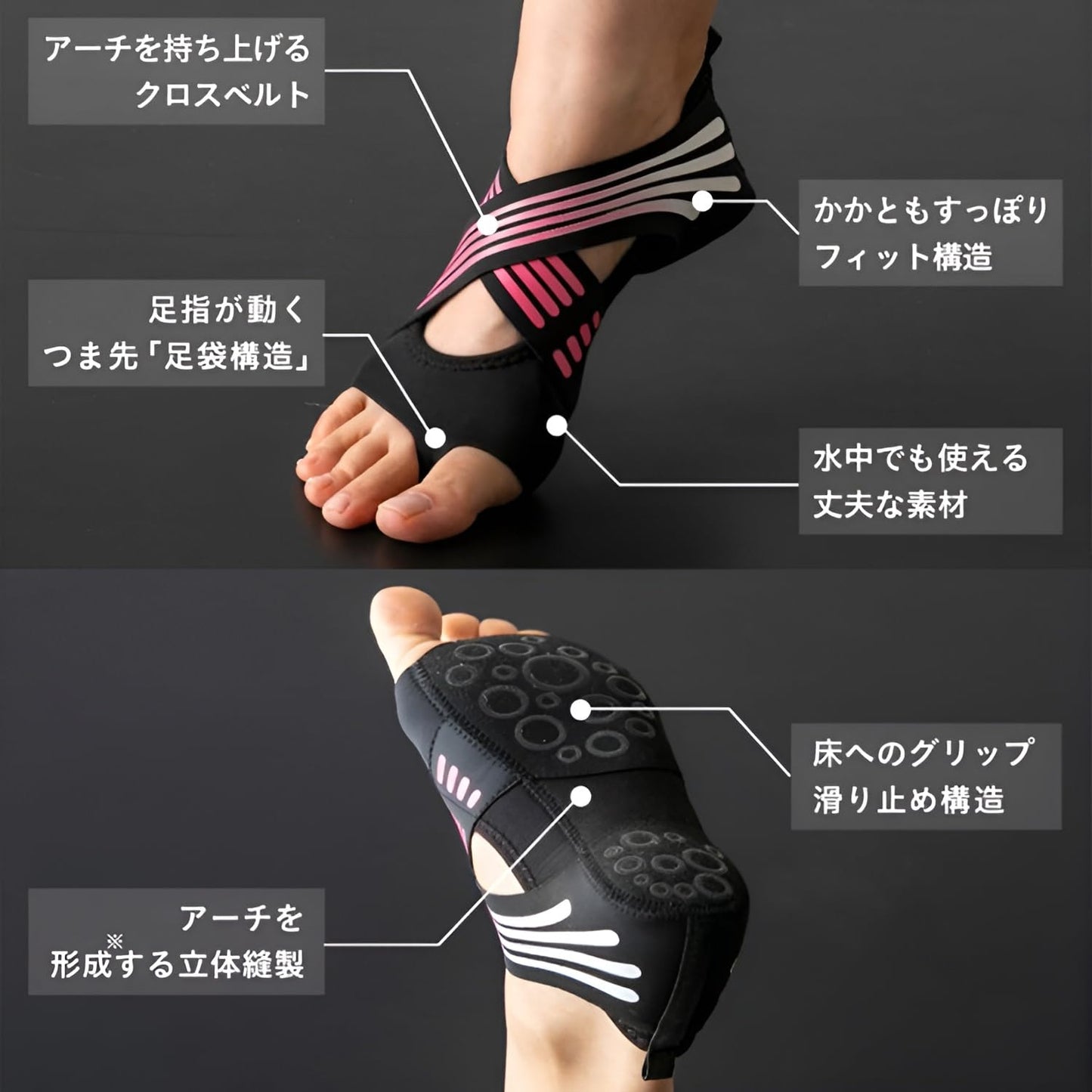 フットサポーター 5本指ヨガソックス シリコン滑り止め  足弓アーチサポート 洗濯耐久 スタジオ木床専用 床擦れ防止