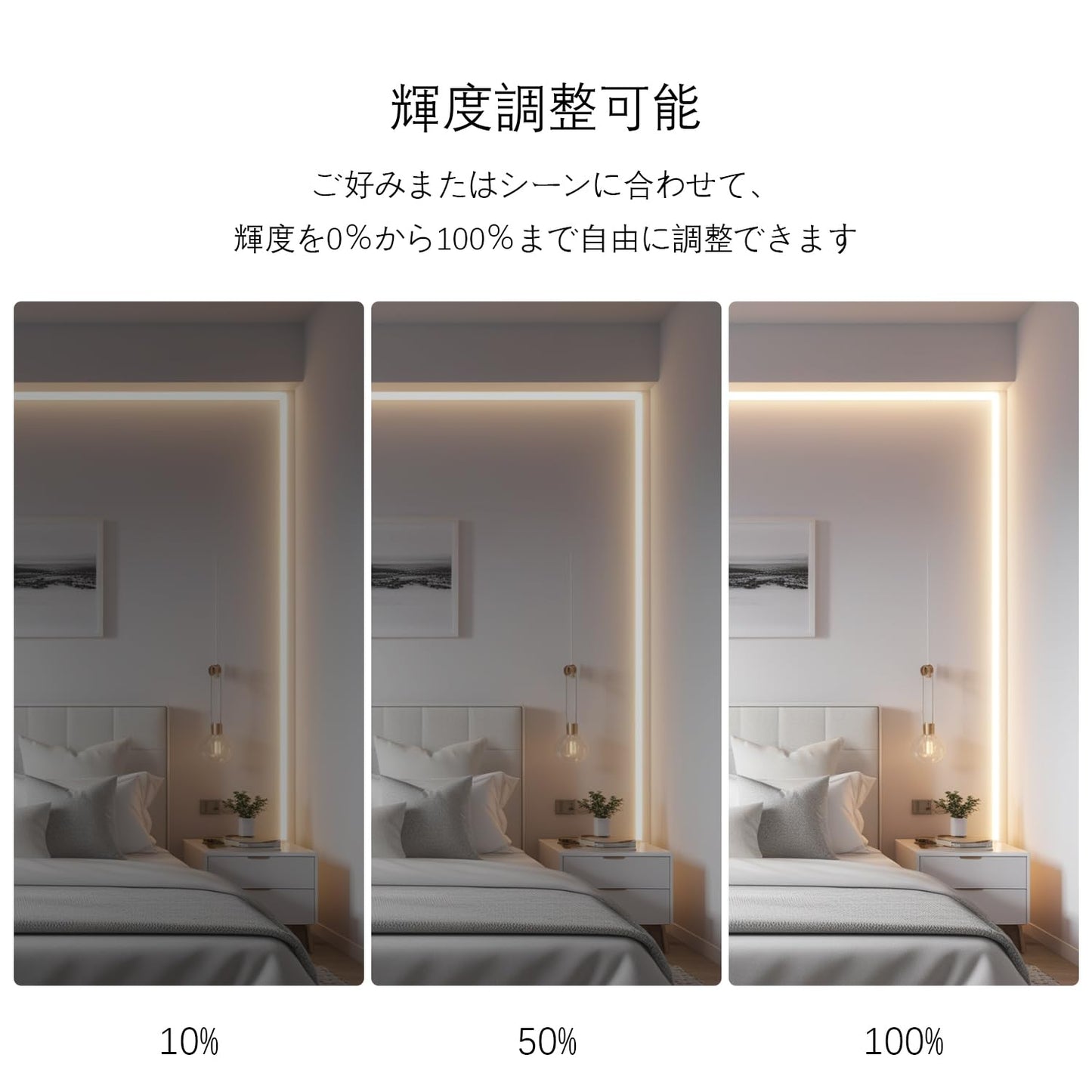 ledテープライト COB 高密度 高輝度 320LEDs/m アダプター・調光器付き 12V 5M カット可能 両面テープ設置