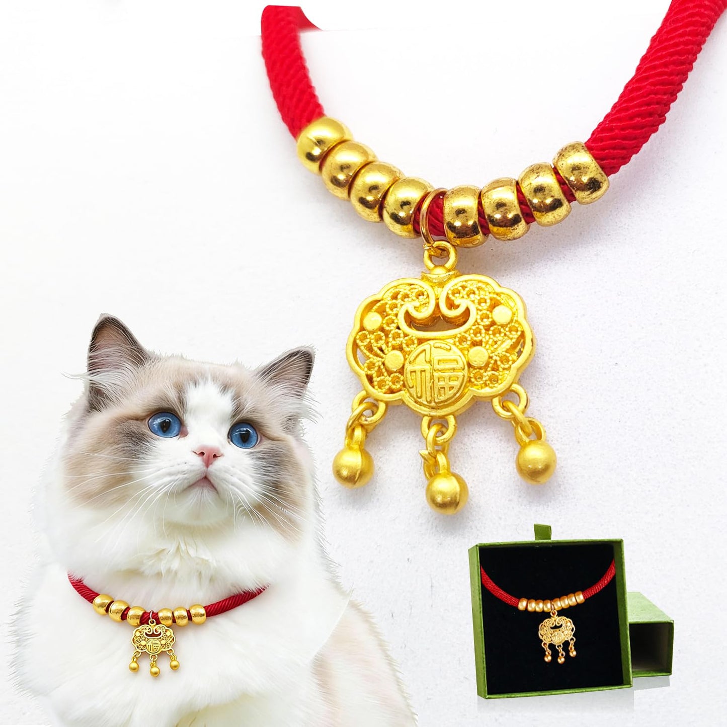 猫首輪  赤い紐 金色アクセサリー 安全設計 快適ソフト サイズ調節可能 軽量 成猫用 猫犬通用 M【4-7.5 KG以内】