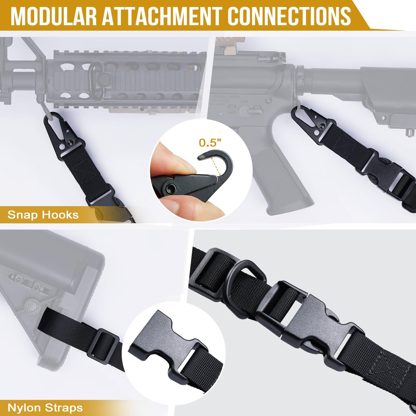 2点式スリング サバゲー スリング・ストラップ 1インチ幅キャリング・ストラップ 交換可能なHKスタイル・スナップ・フック付き 56インチから70インチまで長さ調節可能