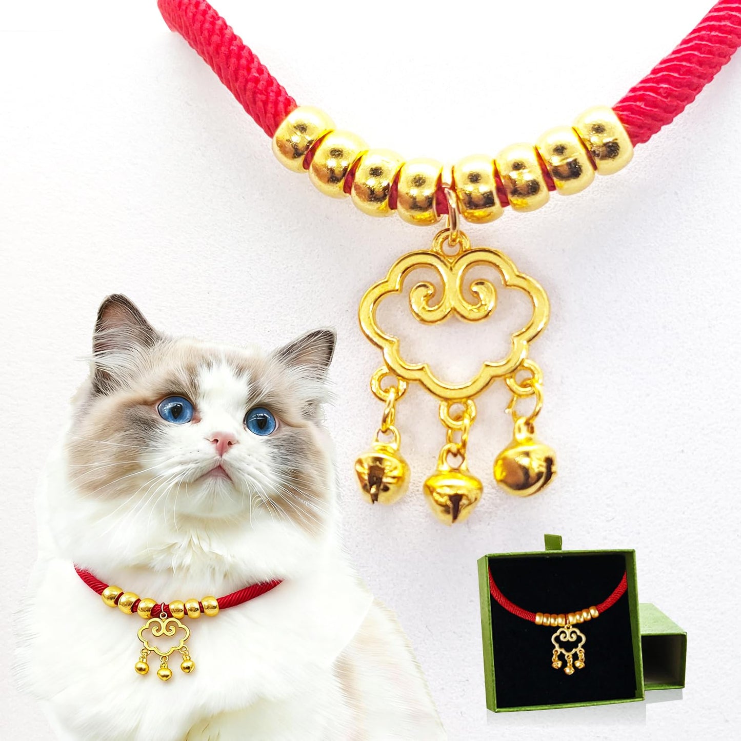 猫首輪  赤い紐 金色アクセサリー 安全設計 快適ソフト サイズ調節可能 軽量 成猫用 猫犬通用 M【4-7.5 KG以内】