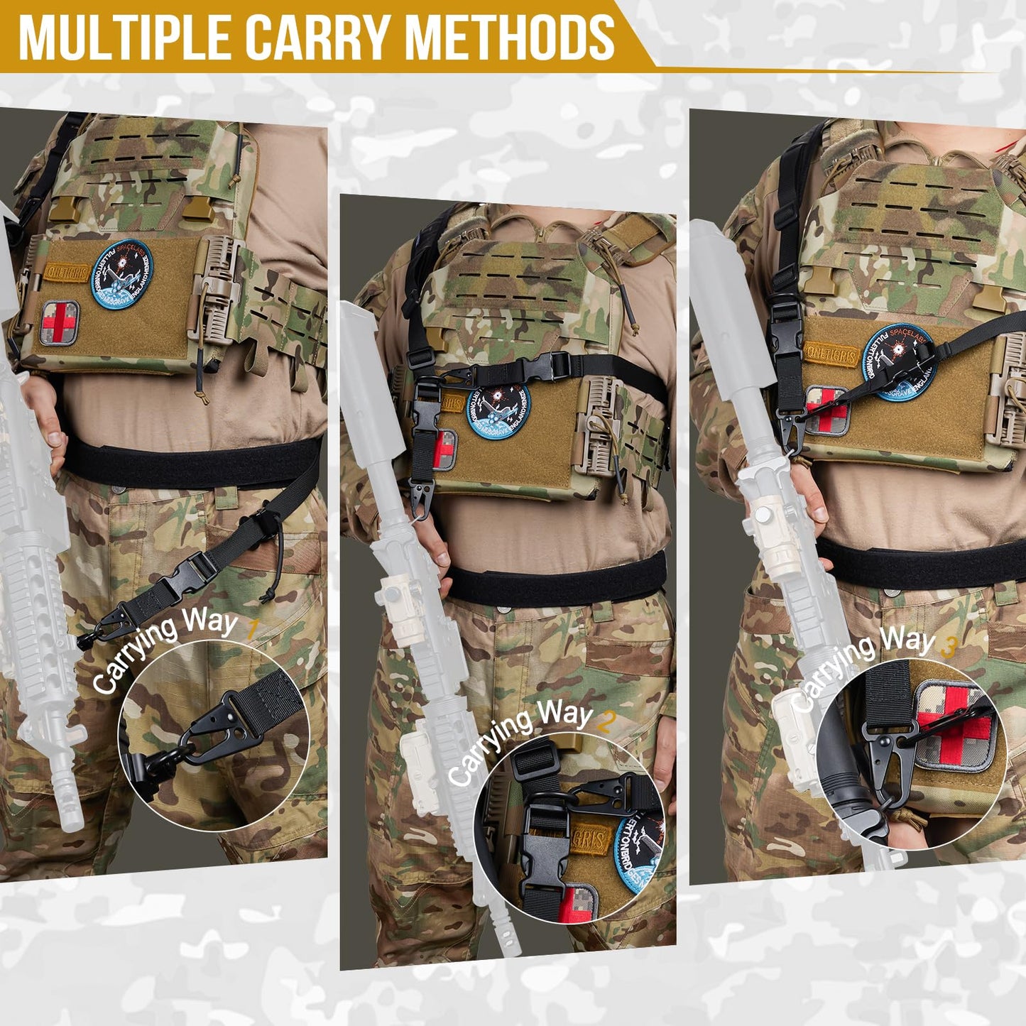 2点式スリング サバゲー スリング・ストラップ 1インチ幅キャリング・ストラップ 交換可能なHKスタイル・スナップ・フック付き 56インチから70インチまで長さ調節可能