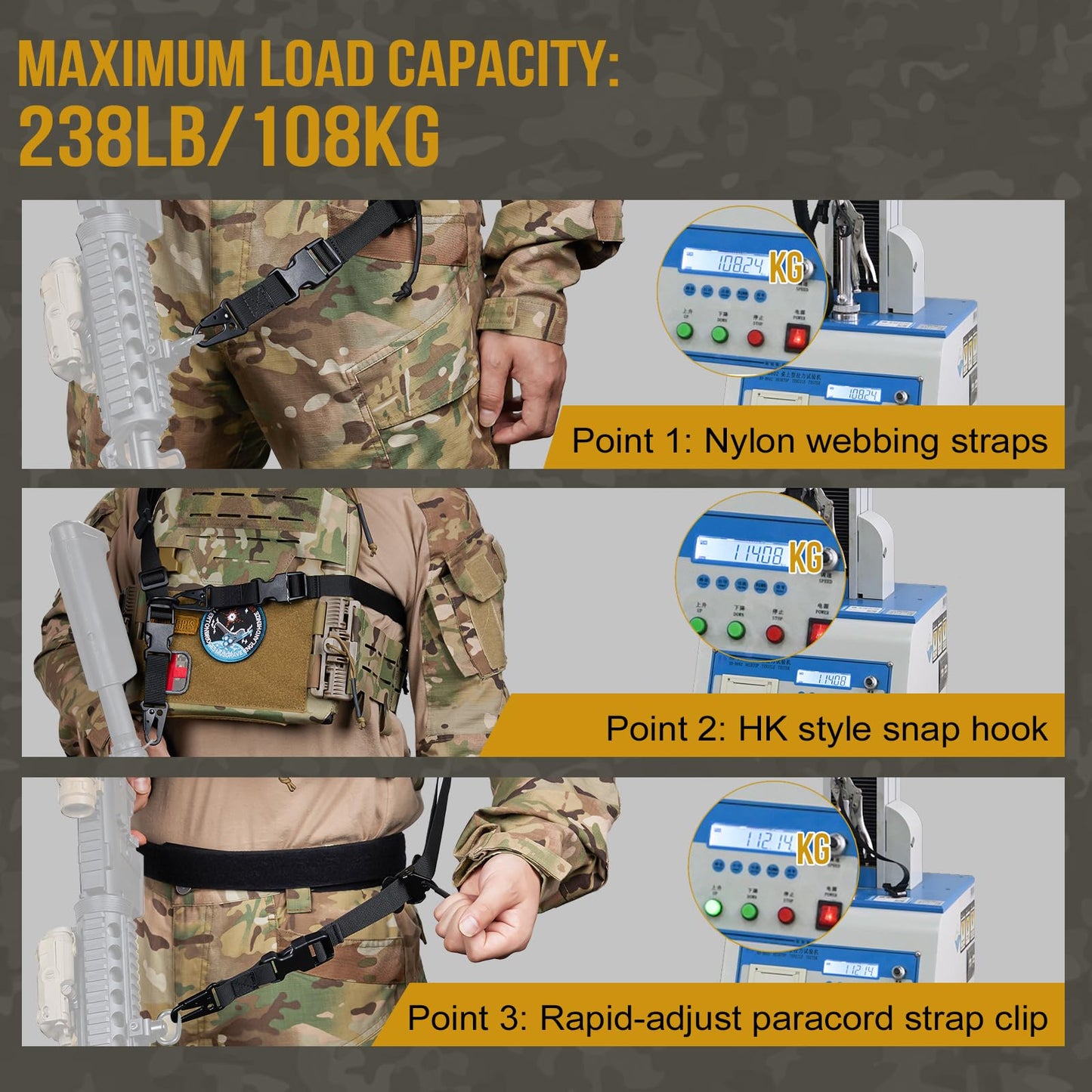 2点式スリング サバゲー スリング・ストラップ 1インチ幅キャリング・ストラップ 交換可能なHKスタイル・スナップ・フック付き 56インチから70インチまで長さ調節可能