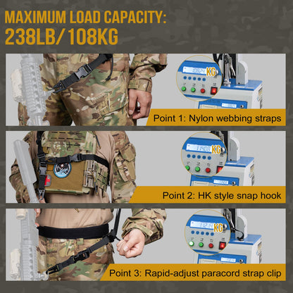 2点式スリング サバゲー スリング・ストラップ 1インチ幅キャリング・ストラップ 交換可能なHKスタイル・スナップ・フック付き 56インチから70インチまで長さ調節可能