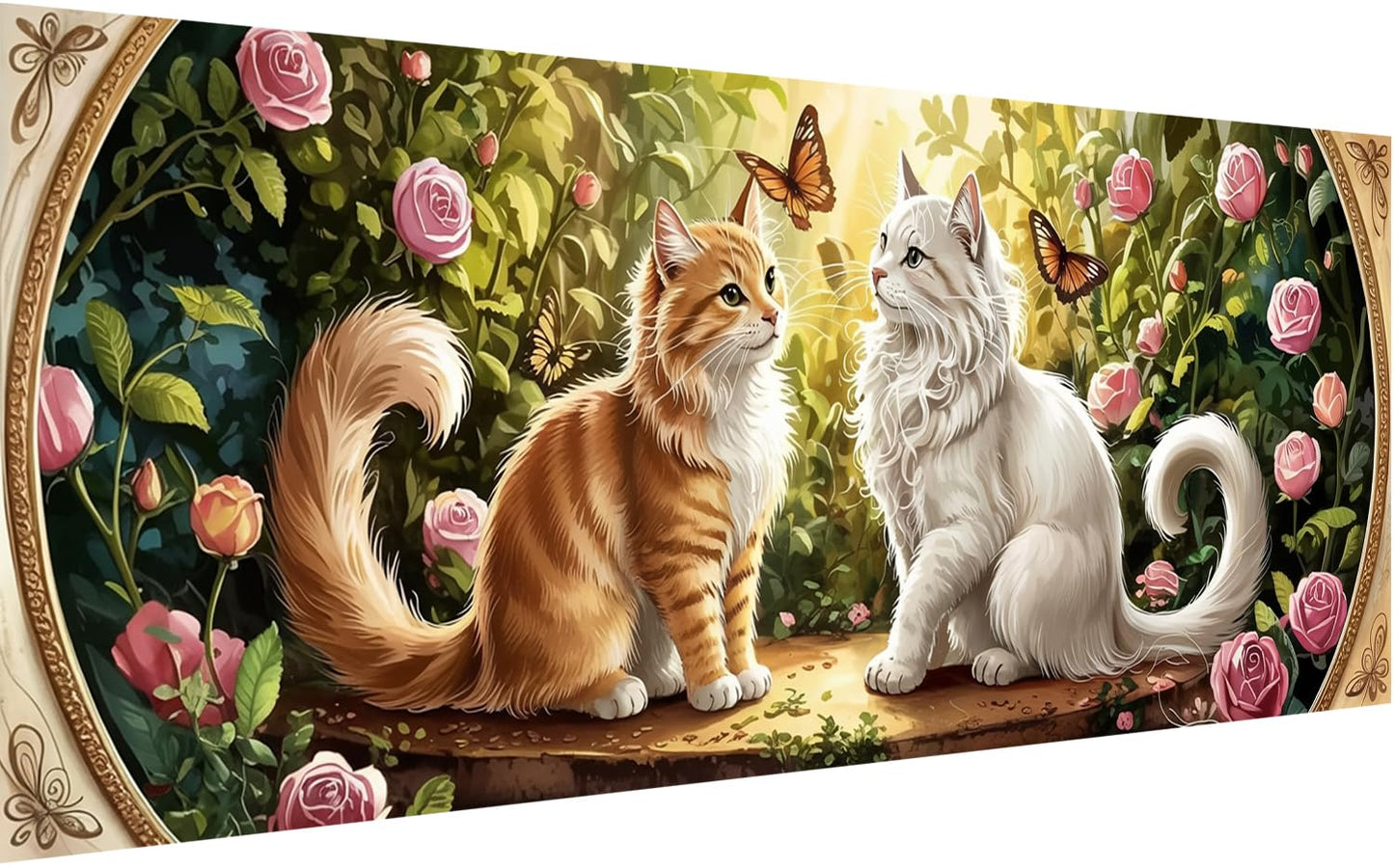 ダイヤモンドアート キット大人用, バラ園の2匹の猫 ダイヤモンドアート, ピンクのバラに囲まれたオレンジと白の猫たち ラウンドフルドリルクリスタルラインストーンクラフトホームウォール装飾のための宝石芸術 30 x 80 cm