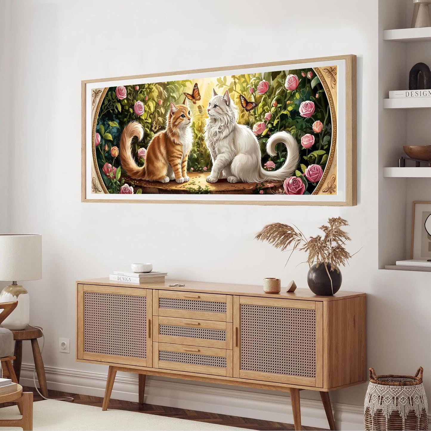 ダイヤモンドアート キット大人用, バラ園の2匹の猫 ダイヤモンドアート, ピンクのバラに囲まれたオレンジと白の猫たち ラウンドフルドリルクリスタルラインストーンクラフトホームウォール装飾のための宝石芸術 30 x 80 cm