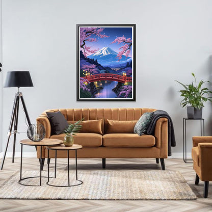 ダイヤモンドアート キット大人用, 富士山を背景にした日本の夜の風景 ダイヤモンドアート, 桜の花のランタンと星空 ラウンドフルドリルクリスタルラインストーンクラフトホームウォール装飾のための宝石芸術 30x40 cm