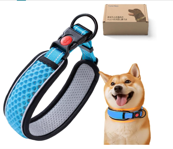 首輪 トレーニング首輪 散歩用 サンドイッチネット地 + 合金金具 首回り広幅デザイン（首へ優しい） 弾力性あり柔らかい 軽量 着用簡単
