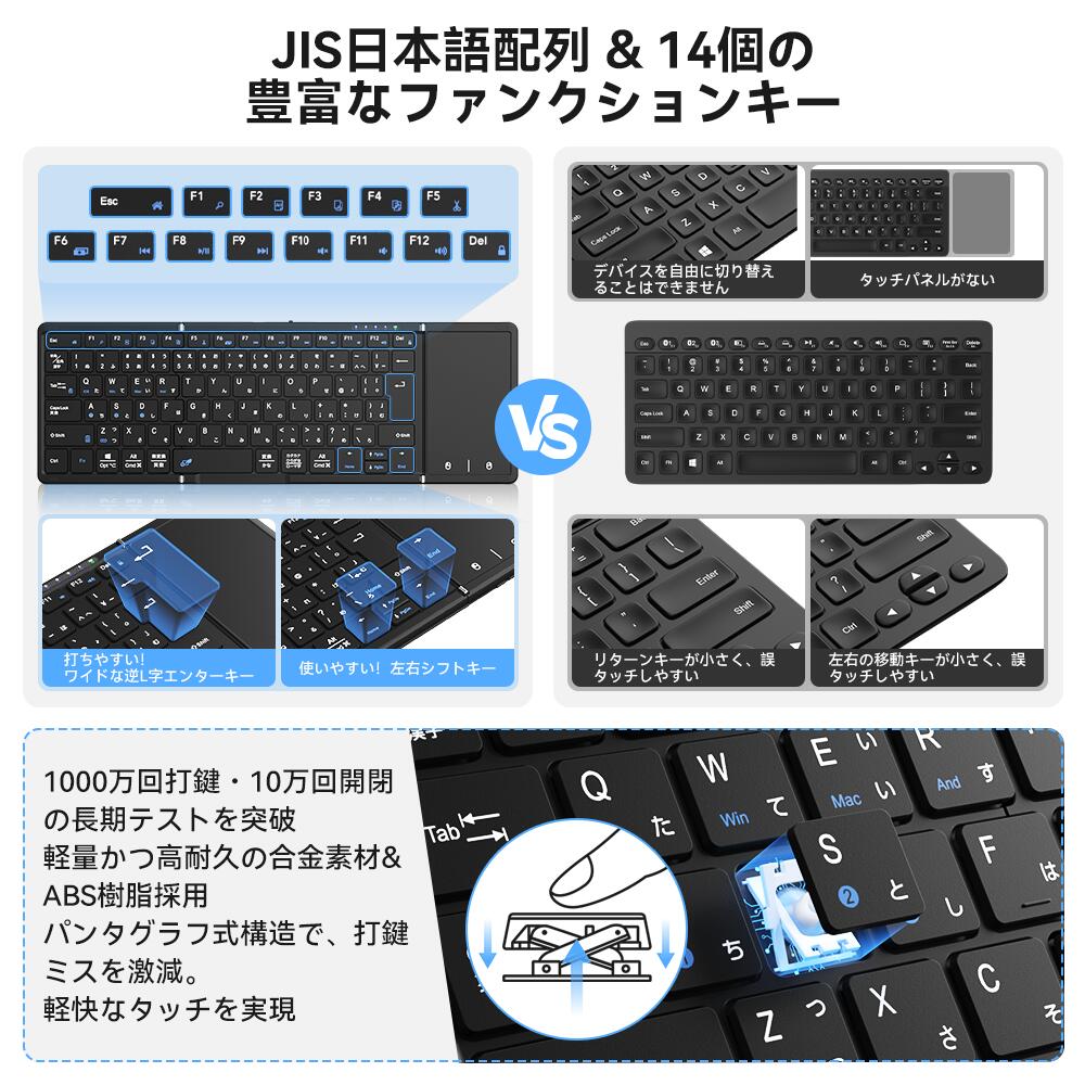 キーボード bluetooth接続 折り畳み式 キーボード ワイヤレス JIS標準日本語配列 ipad スマホ マルチペアリング タッチパッド付き iOS/Windows/Android/Mac/Google対応